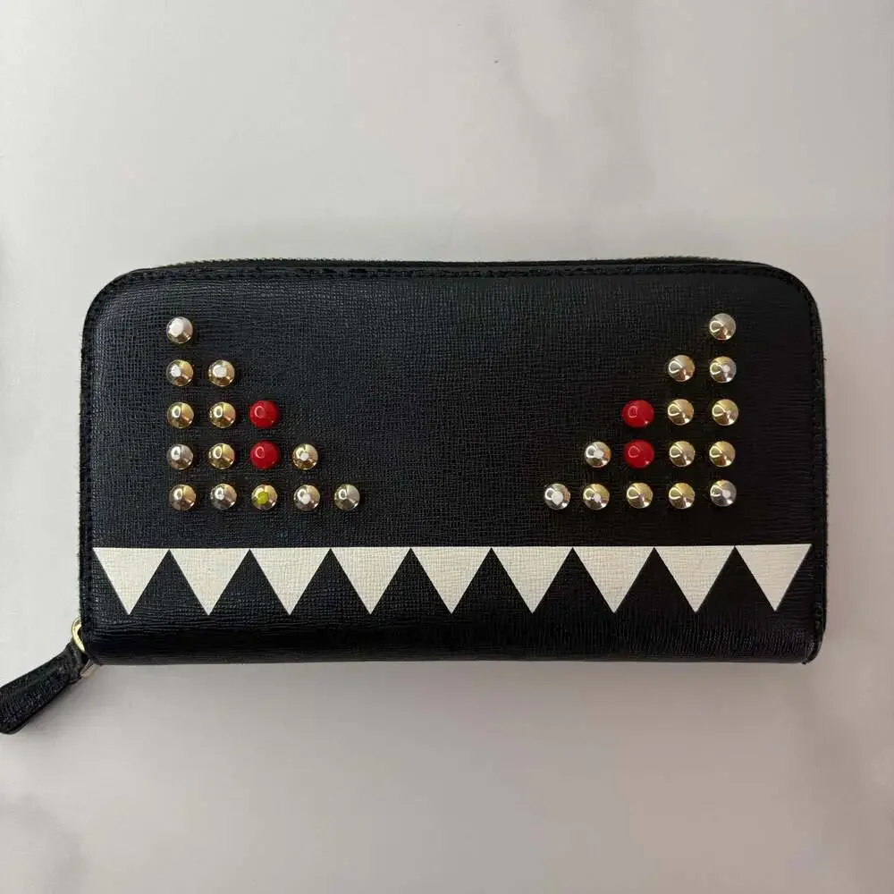 Fendi Monster Eyes Zip-Around Continental Wallet in Black Leather with Studs